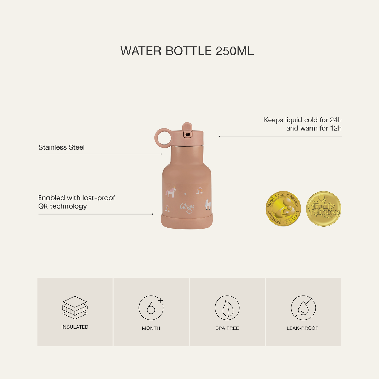 زجاجة مياه - بسعة 250 مل - ليمون