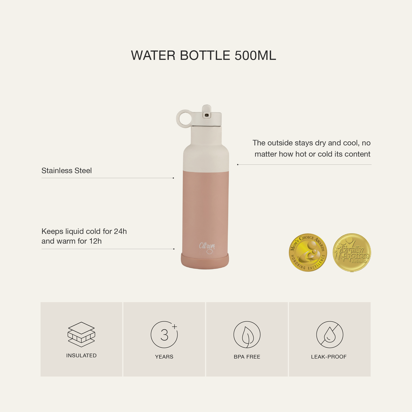 زجاجة مياه - بسعة 500 مل - وردي