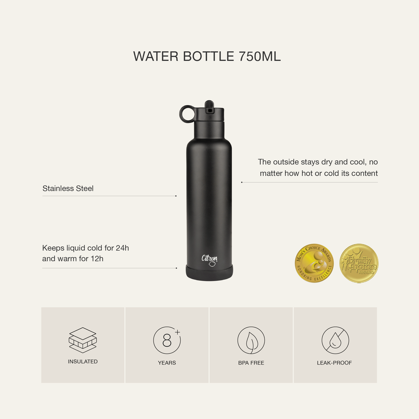 زجاجة ماء - 750 مل - رعد أسود