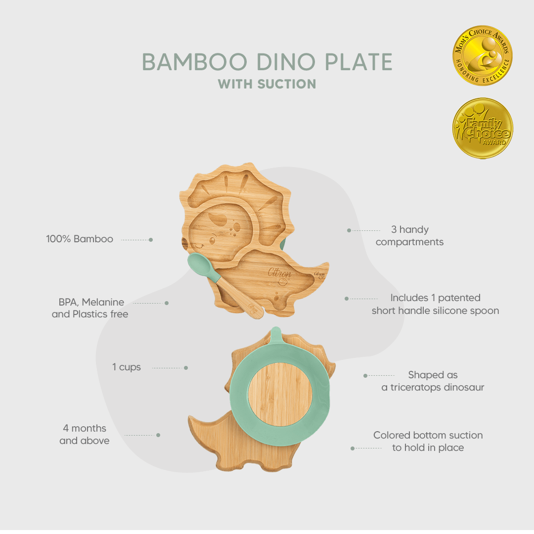 Citron Dubai Dino Bamboo Plate With Green Suction And Spoon