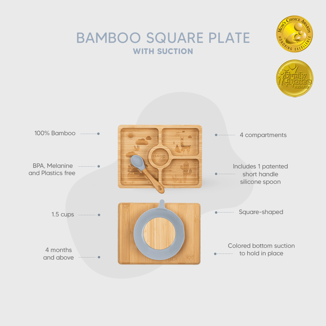 Citron Dubai Little Square Bamboo Plate With Dusty Blue Suction And Spoon