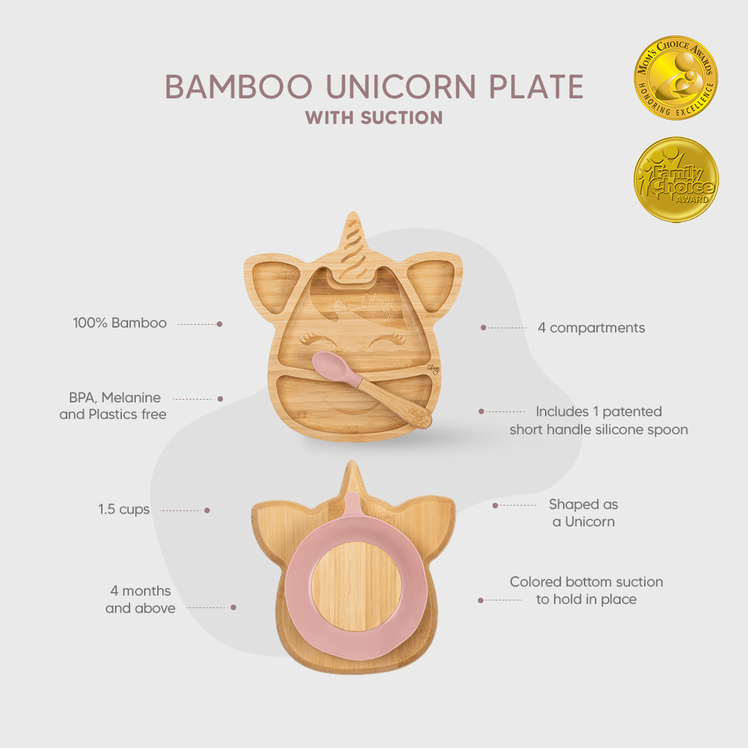 Citron Dubai Little Unicorn Bamboo Plate With Blush Pink Suction And Spoon